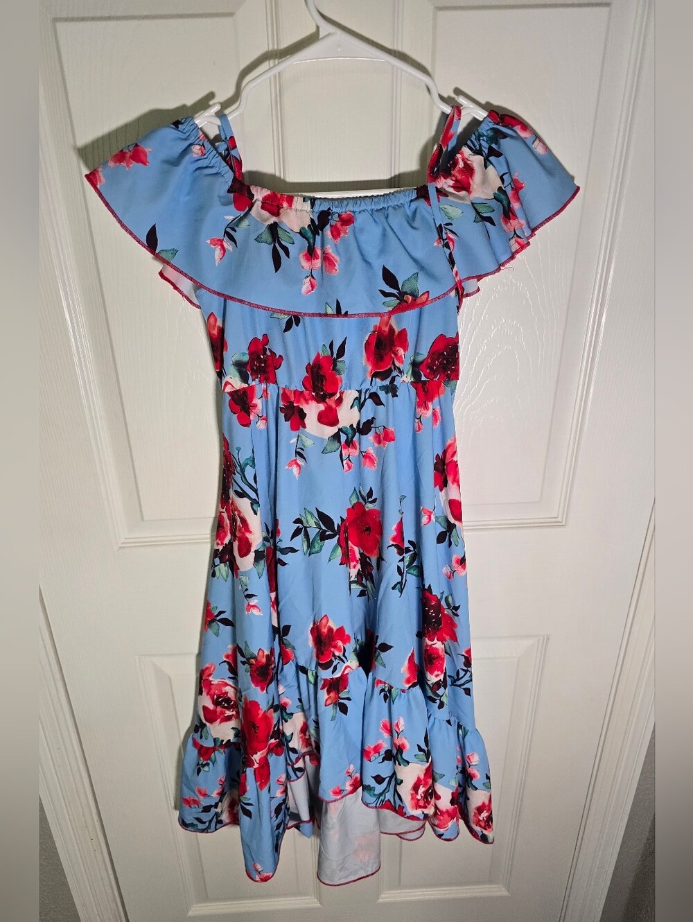 Girls Blue Red Floral Off the Shoulder Maxi Ruffle Dress Large